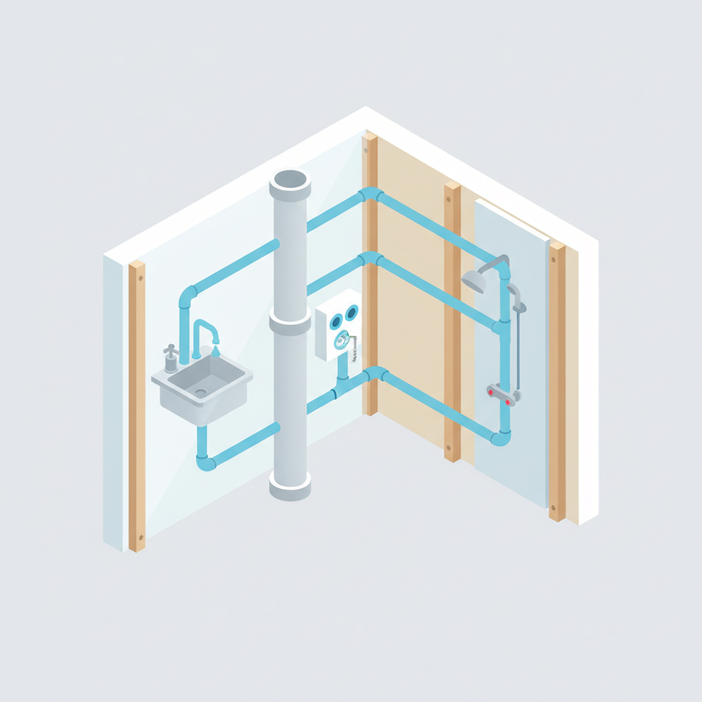 An isometric, clean flat illustration showcasing a simplified residential plumbing network. A main vertical water pipe branches horizontally into a few distinct segments leading to different fixture areas (e.g., under a sink, near a washing machine connection, leading towards a shower wall). The pipes are a consistent light blue or grey, running through stylized wall cutaways. The overall image should offer a clear, easy-to-understand overview of how water supply lines might run through a house, providing general context for where plumbing issues and noises could originate.