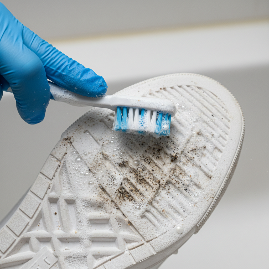 A detailed close-up shot of a white sneaker sole being actively cleaned. A hand holding a toothbrush vigorously scrubs the sole with a foamy mixture (e.g., toothpaste or baking soda paste). Show some dirt lifting off to demonstrate the cleaning action. The background should be slightly blurred to keep focus on the cleaning process. High-quality macro photograph.