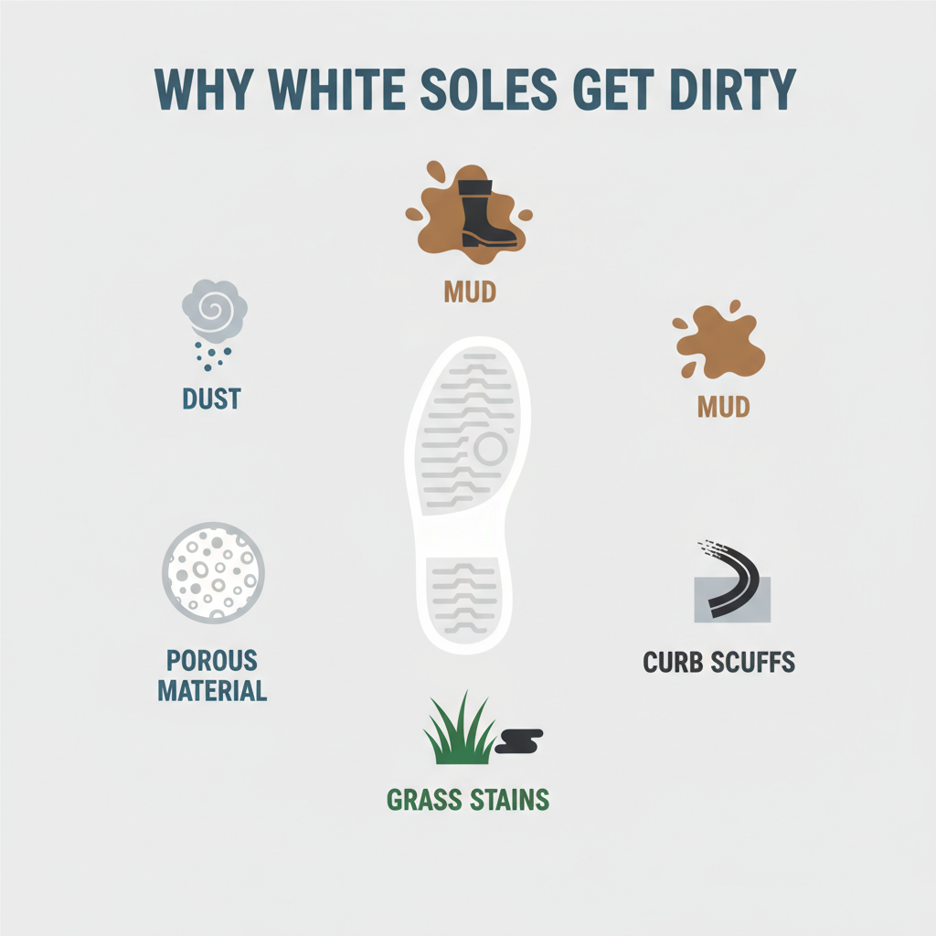 An infographic-style illustration depicting the common reasons why white shoe soles get dirty. Show small icons or simplified graphics representing dust, mud, grass stains, curb scuffs (tire marks), and porous material texture. Each icon should have a short, clear label. Clean, modern infographic with a limited color palette.