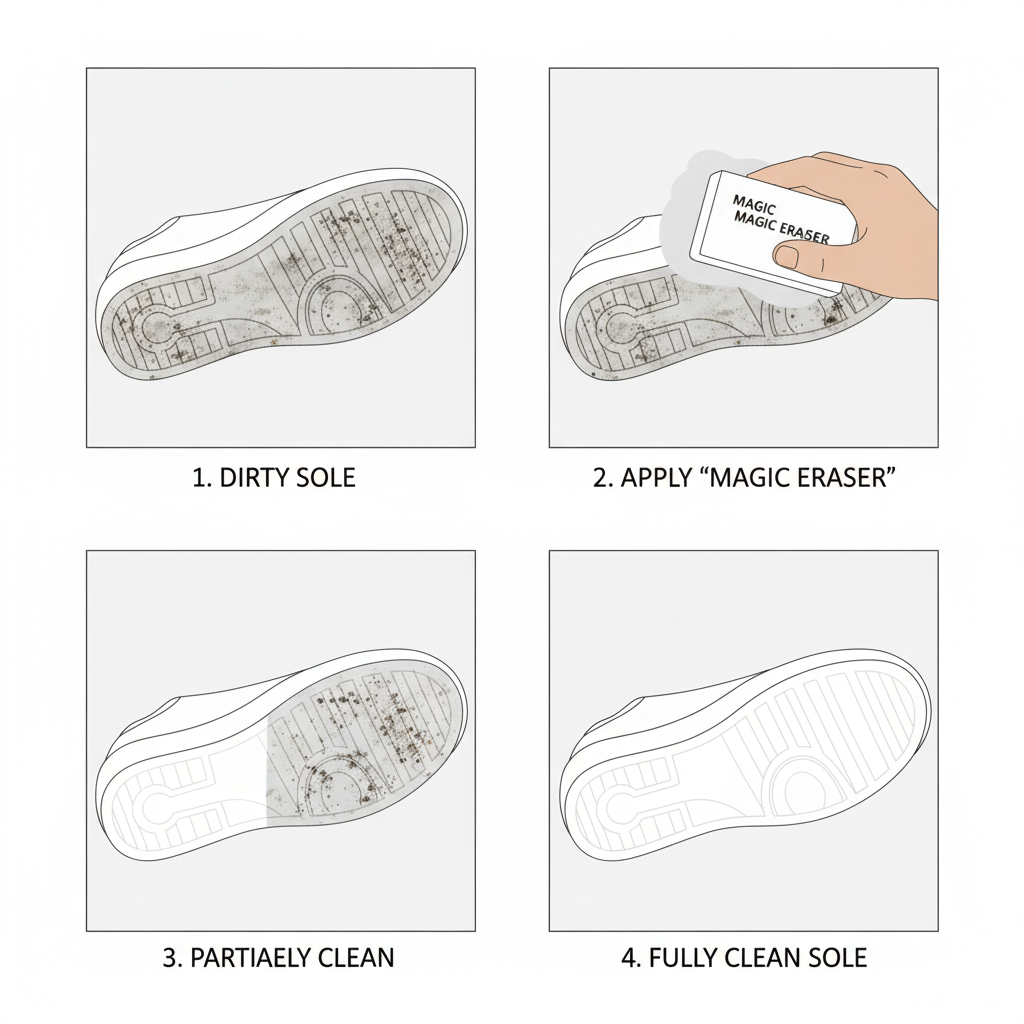 A step-by-step visual sequence (can be presented as a single image with multiple panels or a flowchart style) showing a dirty sneaker sole transforming into a clean one using a 'magic eraser'. Panel 1: dirty sole. Panel 2: hand with magic eraser on sole. Panel 3: partially clean sole. Panel 4: fully clean sole. Minimalist flat illustration or diagrammatic style.