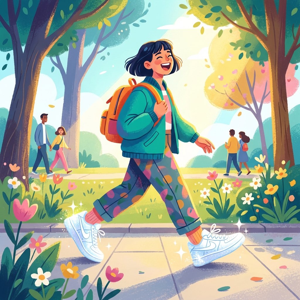 An illustrative scene of a person happily walking outdoors (e.g., in a park or on a clean sidewalk) wearing perfectly clean, bright white sneakers. The sun is shining, and the overall mood is positive, emphasizing the desired outcome of the cleaning tips. Cheerful, modern illustration with a focus on vibrant colors and an active lifestyle.