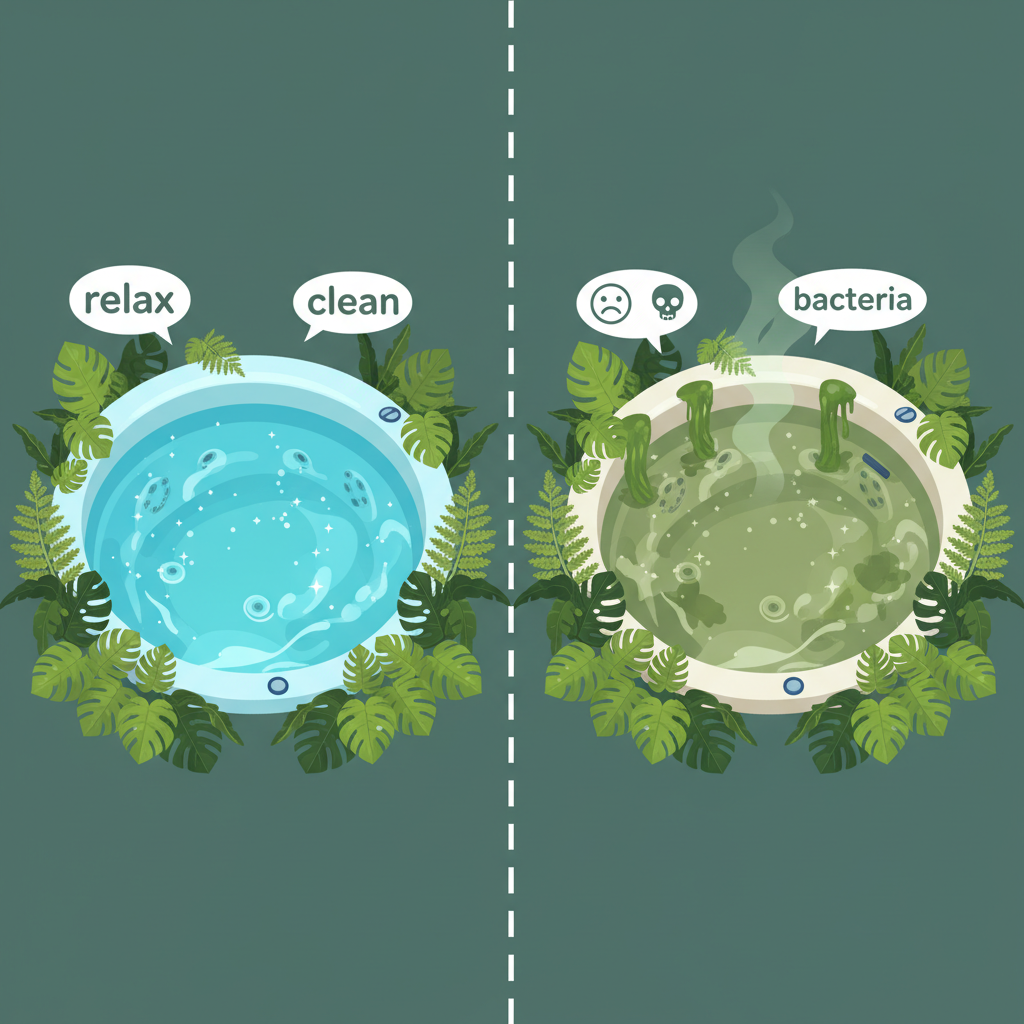A split-panel illustration depicting two scenarios. On the left, a vibrant, sparkling clean whirlpool with crystal clear water, surrounded by lush green plants, radiating relaxation and hygiene. On the right, the same whirlpool appears neglected with cloudy, murky water, visible algae growth on the walls, and a faint unpleasant vapor rising, hinting at bacteria. The style should be a crisp, clean flat illustration with a slightly cartoonish, inviting feel.