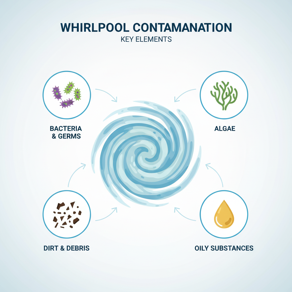 An infographic-style illustration showcasing the key elements of whirlpool contamination. In the center, a stylized whirlpool full of slightly murky blue water. Surrounding it are small, distinct icons or diagrams representing various contaminants: a cluster of bacteria/germs, a stylized green algae bloom, microscopic bits of dirt/debris, and a drop of an oily substance. Each icon should have a small, subtle arrow pointing towards the whirlpool water. The overall aesthetic should be clean, informative, and visually appealing with a professional, modern look.