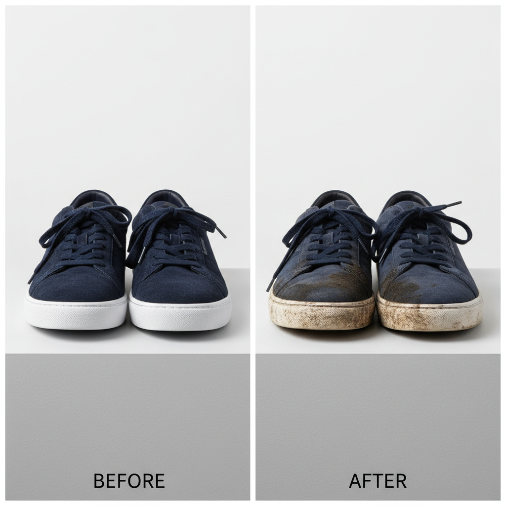 A pair of stylish, well-maintained suede sneakers (e.g., in a deep navy or earthy tone) on one side, and on the other, an identical pair with visible dirt smudges, water stains, and a dull appearance. The image should convey a clear 'before and after' contrast, emphasizing the importance of cleaning. Professional studio product photography style with good lighting.