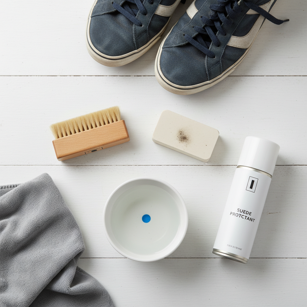 A flat lay composition featuring all the essential tools for suede sneaker cleaning: a suede brush, a cleaning block/eraser, a small bowl of water with a drop of specialized suede cleaner, a microfibre cloth, and a protective spray. The sneakers themselves are playfully placed in the background, slightly out of focus. Flat lay photography with a clean, light background.