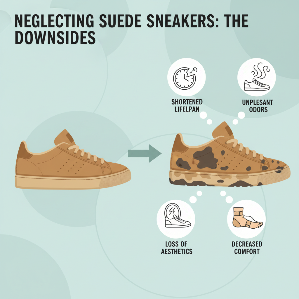 An infographic-style illustration depicting the negative impacts of neglecting suede sneakers. Visual elements like a sneaker transforming into a visibly worn-out, stained, and stiff shoe. Include small icons or thought bubbles indicating 'shortened lifespan,' 'loss of aesthetics,' 'unpleasant odors,' and 'decreased comfort.' Vector illustration with a clean, informative aesthetic.