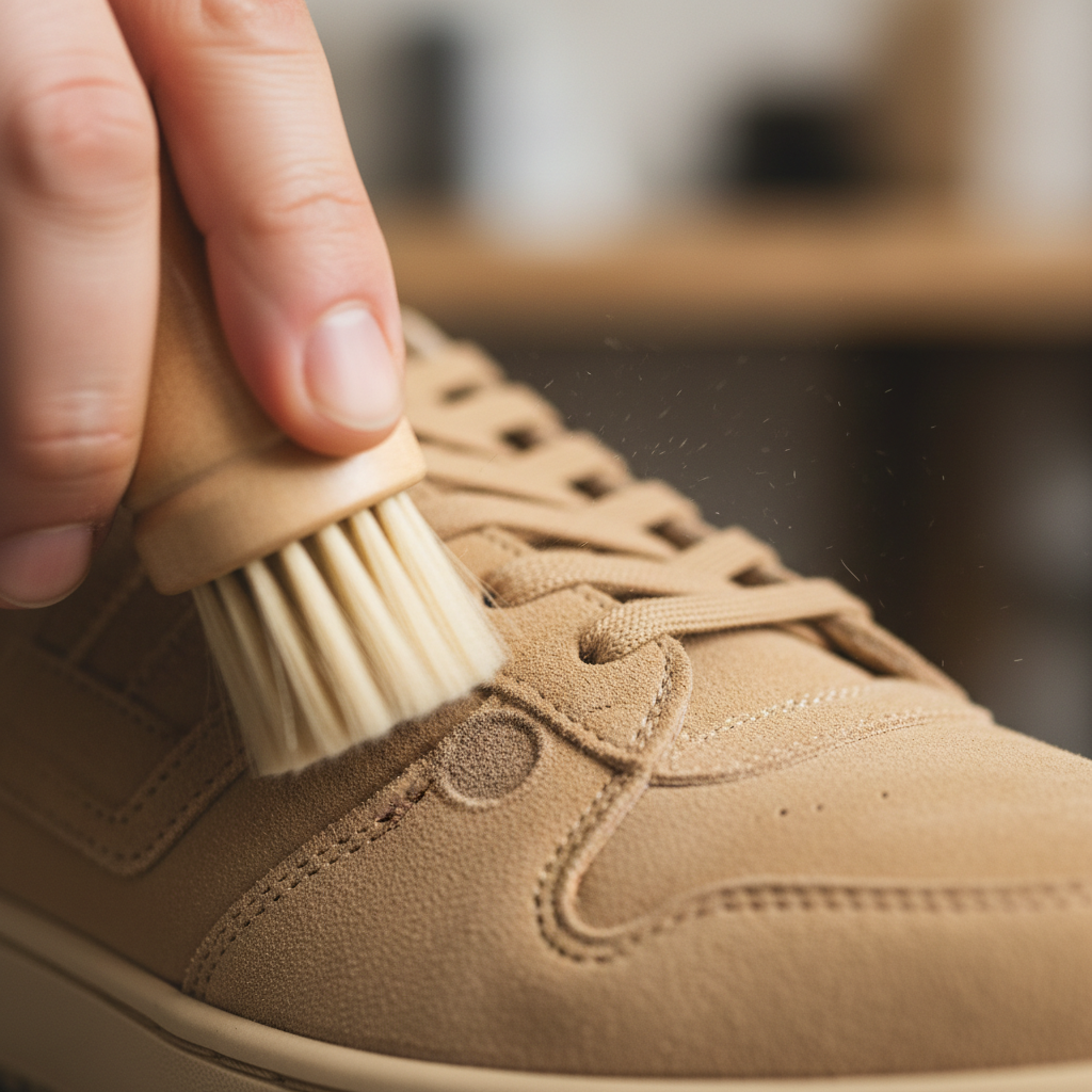 A close-up, dynamic shot of a person gently cleaning a suede sneaker with a specialized suede brush. The brush should be actively working on a small, visible stain or dirty patch. Focus on the texture of the suede and the movement of the brush, highlighting the 'gentle yet effective' aspect of the cleaning process. High-resolution professional action photo with shallow depth of field.