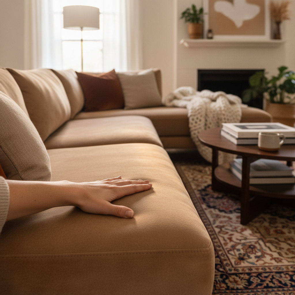 A cozy living room scene with a luxurious, light brown suede sofa as the centerpiece. A hand is reaching out to gently touch the soft texture of the sofa. The overall mood is warm and inviting, suggesting comfort and elegance. The light plays subtly on the sofa's surface, highlighting its velvety appearance. Professional photo, soft focus on the texture.