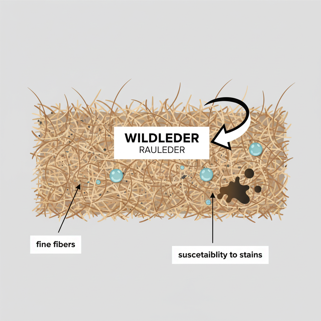 An infographic-style illustration depicting a cross-section of suede material. Show magnified, fine fibers on the surface, with dust particles, water droplets, and greasy stains visibly trapped within the fibers. Label 'Wildleder' or 'Rauleder' and point out the 'fine fibers' and 'susceptibility to stains.' Flat illustration with clear, distinct elements and subtle gradient shading.
