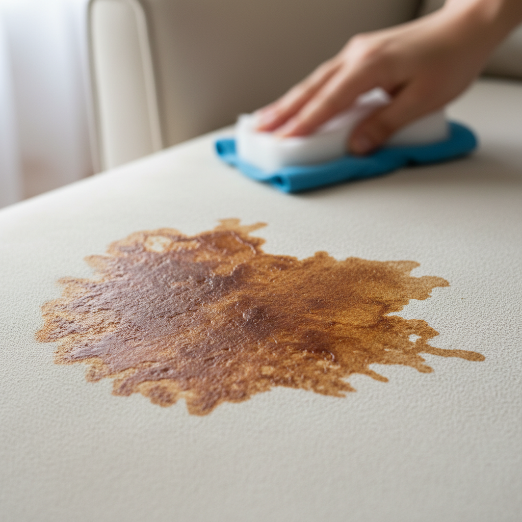 A close-up shot of a dark, unsightly liquid stain (like spilled tea) on a light-colored suede sofa. A hand holding a cleaning cloth or sponge is blurred in the background, implying the beginning of a cleaning process. The image should evoke a slight sense of urgency but also hope for restoration. Professional photo, shallow depth of field focusing on the stain.