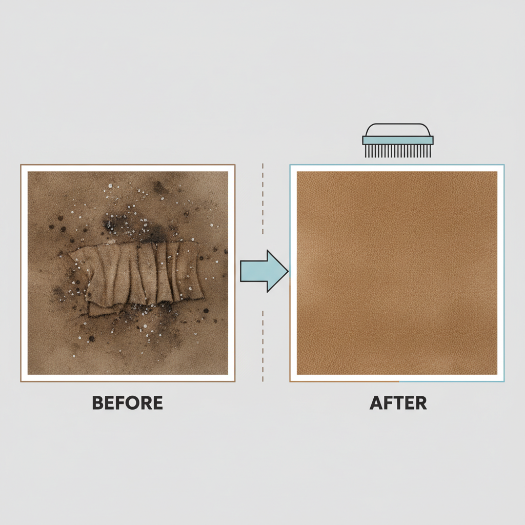 A diagram illustrating the 'before and after' of a suede surface. On one side, show a dirty, matted, and stained patch of suede. On the other side, show a clean, brushed, and revitalized patch of suede with visible, standing fibers. Use subtle arrows or a dividing line to indicate the transformation. Infographic style, clean lines, and clear visual contrast between the two states.