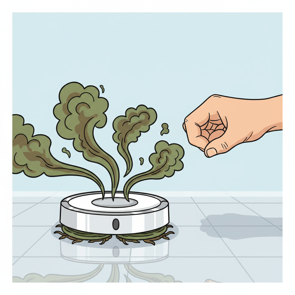 A modern, sleek robot mop is positioned on a sparkling clean floor, but emits distinct, swirling green and brown wavy lines or cartoonish stink clouds from its base, indicating an unpleasant odor. A human hand, partially visible at the edge of the frame, is holding its nose or showing a slight expression of distaste, emphasizing the discomfort caused by the smell. The overall image is clean and bright, creating a stark contrast with the emitted stench. Style: Vibrant flat illustration with a playful yet clear depiction of the problem.