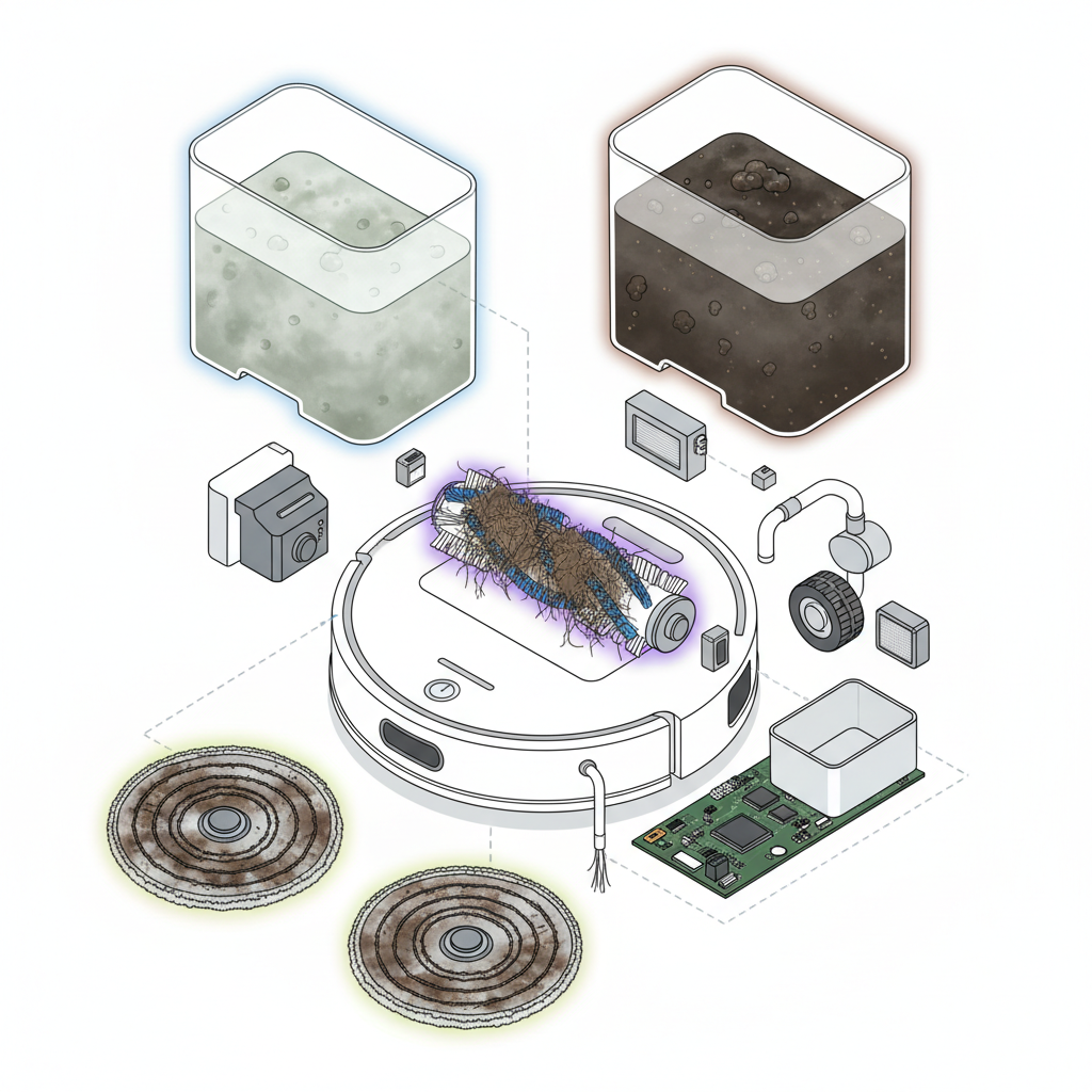 An exploded technical diagram or cross-section of a robot mop, clearly illustrating its key internal components. The fresh water tank appears slightly murky, the dirty water tank is visibly filled with dark, grimy water, and the attached mop pads are discolored with visible stains and moisture. Bristles on the main brush are matted with hair and dust clumps. Each problematic area is subtly highlighted to draw attention to the sources of odor. Style: Detailed, clean infographic illustration with a focus on mechanical parts and subtle visual cues of dirt.