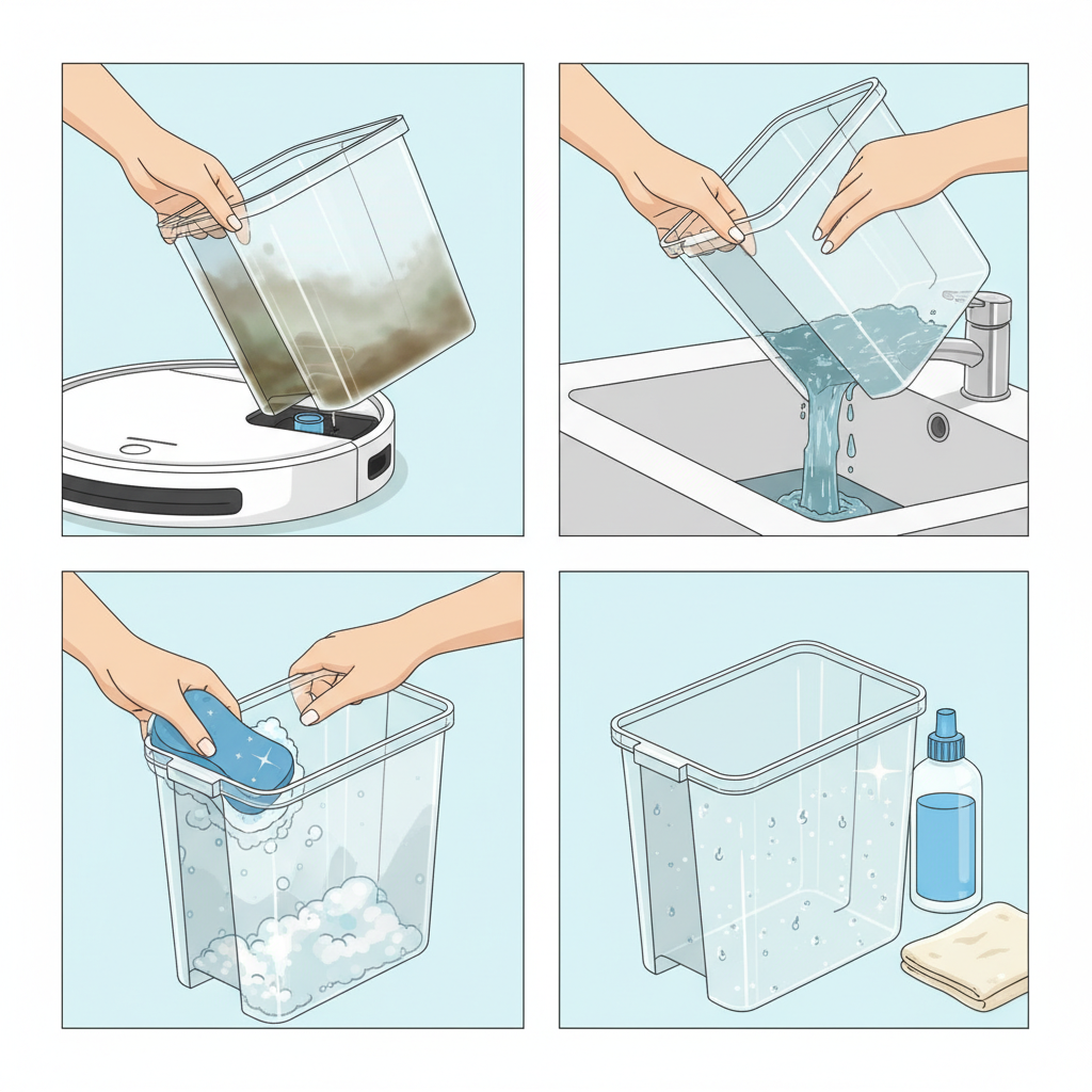 A close-up, multi-panel illustration showcasing the process of cleaning a robot mop's water tanks. The first panel shows hands carefully detaching a dirty, residue-filled fresh water tank from the robot. The second panel depicts the tank being emptied, with dirty water pouring out. The third panel shows a clean sponge or brush actively scrubbing the inside of the now empty tank. The final panel displays a perfectly clean, gleaming water tank ready for reassembly. Style: Step-by-step realistic digital illustration with bright, clean aesthetics.