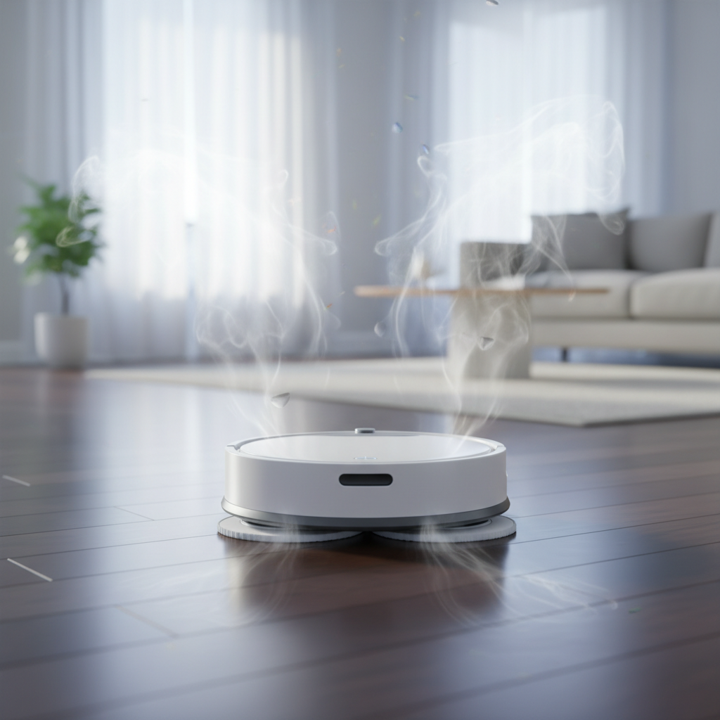 A pristine, freshly cleaned robot mop stands proudly on a polished, reflective floor in a bright, airy home environment. Soft, subtle wisps of clean, almost invisible steam or fresh air currents emanate gently from the robot's mop pads, symbolizing freshness and a job well done. The background features blurred elements of a tidy, comfortable living space, reinforcing the idea of a clean and pleasant atmosphere. Style: Bright, professional product photography with subtle atmospheric effects.
