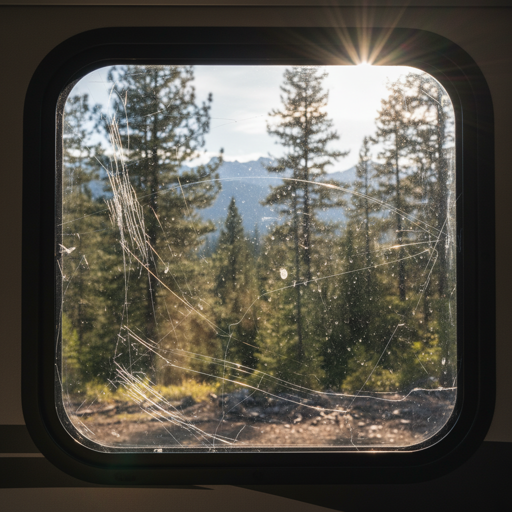 A close-up, eye-level professional photo of the exterior of a modern RV's acrylic window. The window is marred by multiple visible scratches of varying depths, catching the sunlight in a way that emphasizes the damage and slight distortion. Through the scratched pane, a blurred, but recognizable, scenic landscape (e.g., mountains or forest) is visible, indicating the impaired view. The overall mood is slightly frustrating due to the obscured beauty, highlighting the core problem discussed in the article.