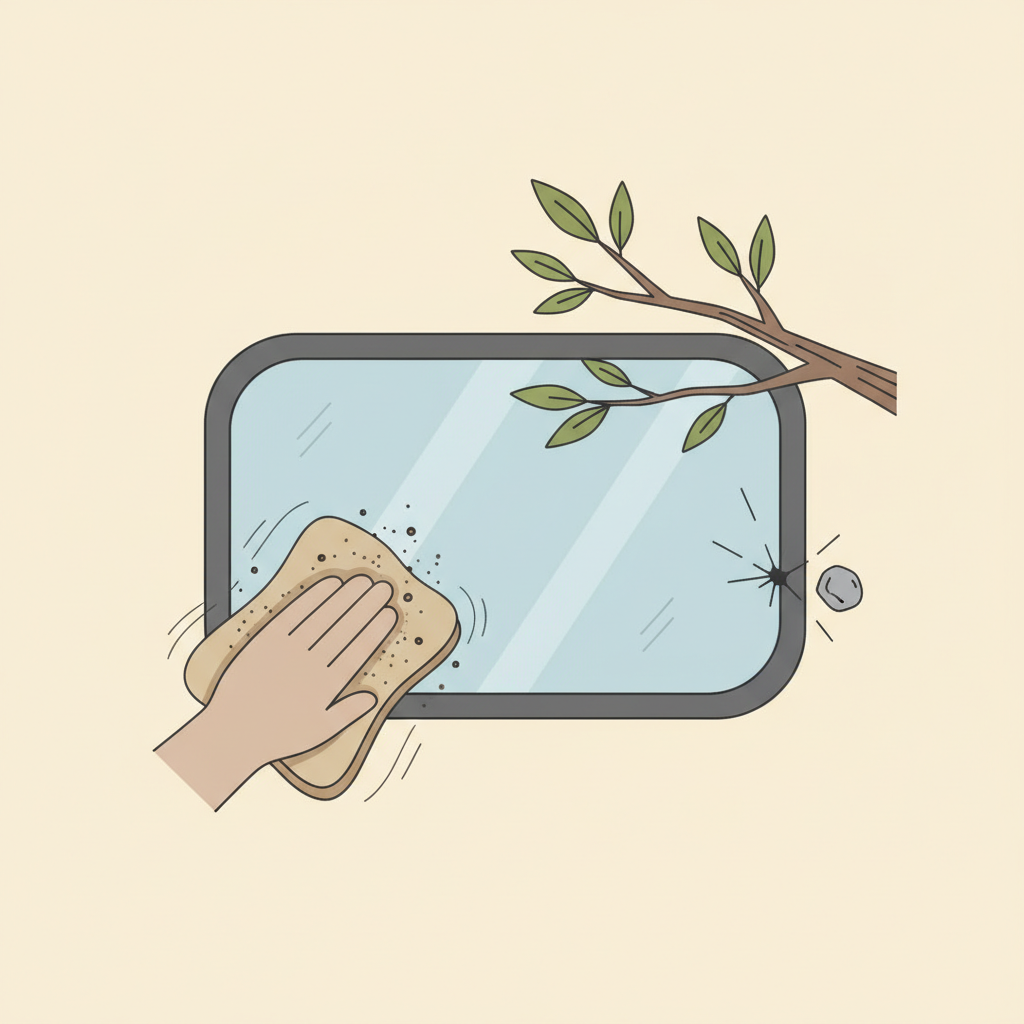A clean, flat illustration depicting the common causes of scratches on an RV window. The image should feature a stylized RV window pane in the center. Around it, smaller illustrative elements show various culprits: tiny, sharp sand or dirt particles being swirled by a rough cloth held by a generic hand, a low-hanging tree branch lightly brushing against the surface, and perhaps a small, hard object (like a pebble) impact. Use a muted color palette to keep the focus on the actions.