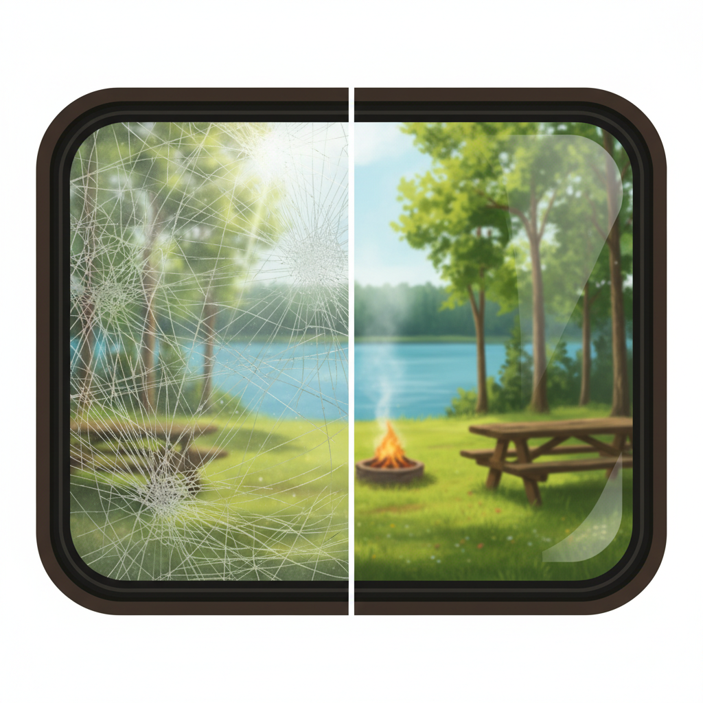 A realistic digital painting contrasting the 'before' and 'after' effect of scratch removal. On the left side, an RV window is heavily scratched, creating a hazy, obstructed view of a vibrant, sunny campsite scene outside. On the right side, the same window is perfectly clear and pristine, offering an unblemished, sharp view of the identical beautiful campsite, enhancing safety and enjoyment. The comparison clearly demonstrates the aesthetic improvement and functional benefit of repair.