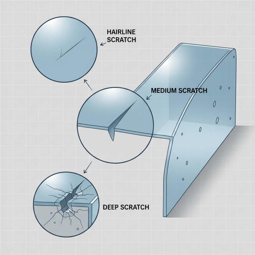 A detailed technical illustration showing a cross-section of an RV's acrylic window material, designed to differentiate scratch types. The illustration should present three distinct, magnified segments of the material. The first segment shows a barely perceptible hairline scratch on the surface. The second segment displays a medium-depth scratch, clearly visible as a slight indentation. The third segment illustrates a deep scratch, significantly grooved into the material, potentially affecting its integrity. Use a clean, diagrammatic style with clear visual depth.