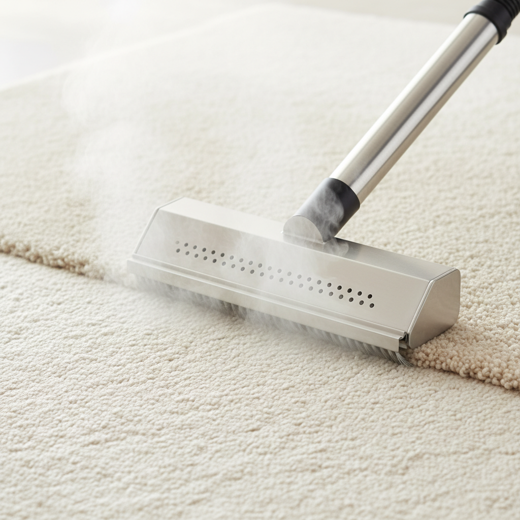 A close-up, top-down view of a professional-looking steam cleaner attachment (like a textile nozzle) gently gliding over a plush, natural-colored wool carpet. Wisps of steam are subtly visible emanating from the nozzle, penetrating the fibers. The carpet appears clean and slightly refreshed in the wake of the cleaner. The setting is bright and clean, emphasizing a meticulous cleaning process. The overall tone is calm and effective, depicted as a high-quality professional photo.