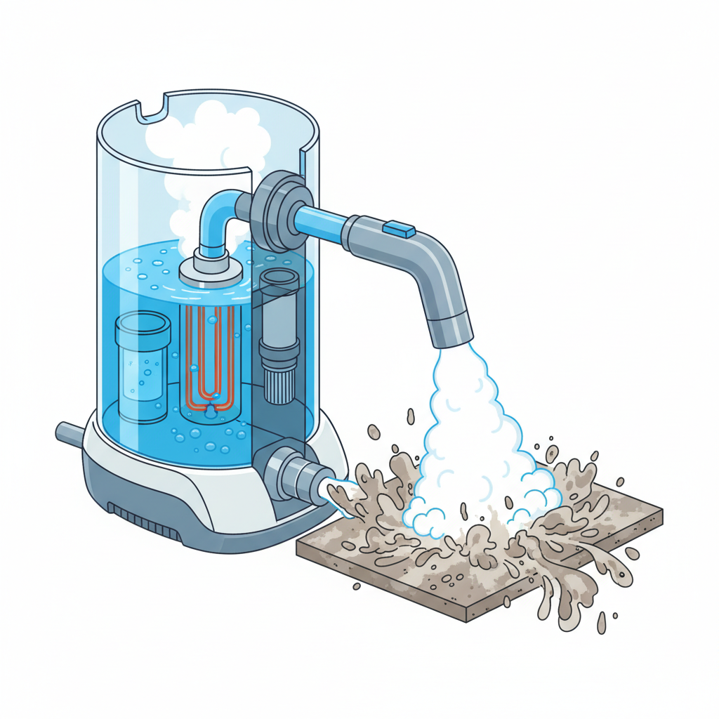 A detailed cutaway diagram illustration of a steam cleaner. Show water heating up inside a transparent tank to generate hot steam. The steam is then expelled under pressure through a nozzle onto a stylized surface of dirt and grime. The steam visibly lifts and dissolves dirt particles, represented by abstract swirls or dissolving elements. The illustration should have a clear, scientific, and informative infographic style, using clean lines and a palette of blues, grays, and whites to represent heat and cleanliness.
