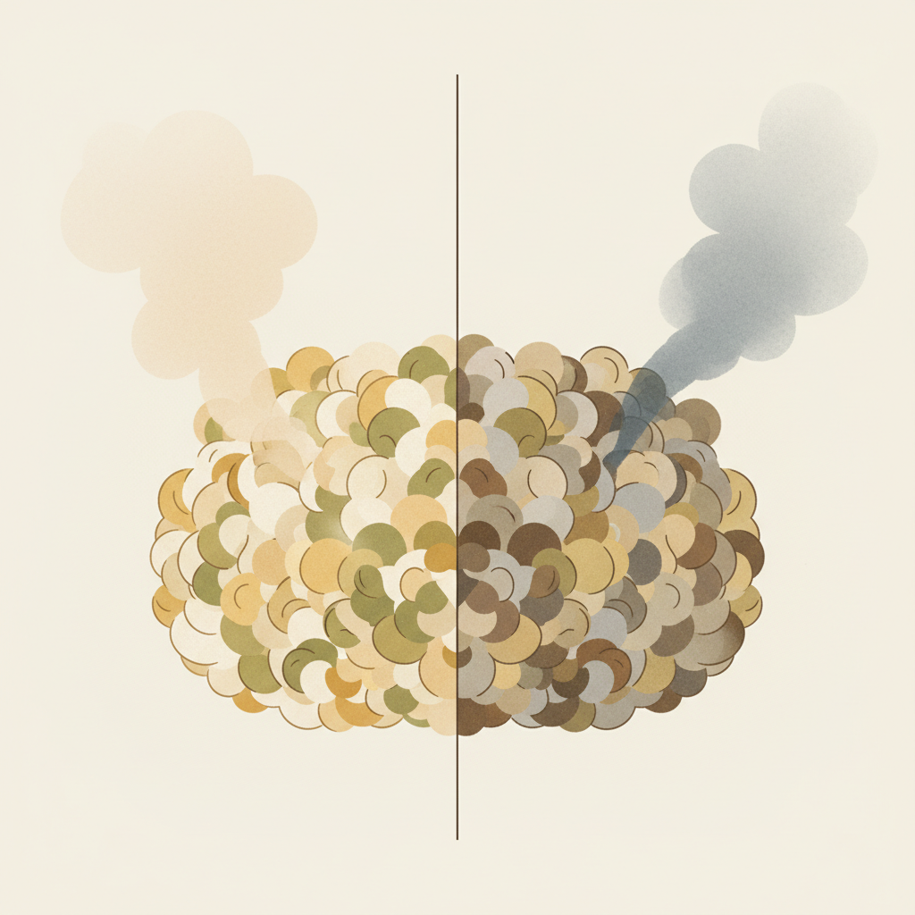 An abstract, split-panel illustration visually comparing the proper and improper steam cleaning of a wool carpet. On one side, a gentle cloud of steam lightly touches soft, springy wool fibers, representing careful application and resulting in fresh, vibrant fibers. On the other side, intense, dense steam aggressively hits the wool, showing fibers shrinking, coiling, or becoming matted, symbolizing potential damage. The illustration uses warm, natural tones for healthy wool and slightly muted, distorted tones for damaged wool, conveying caution and precision in a modern flat illustration style.