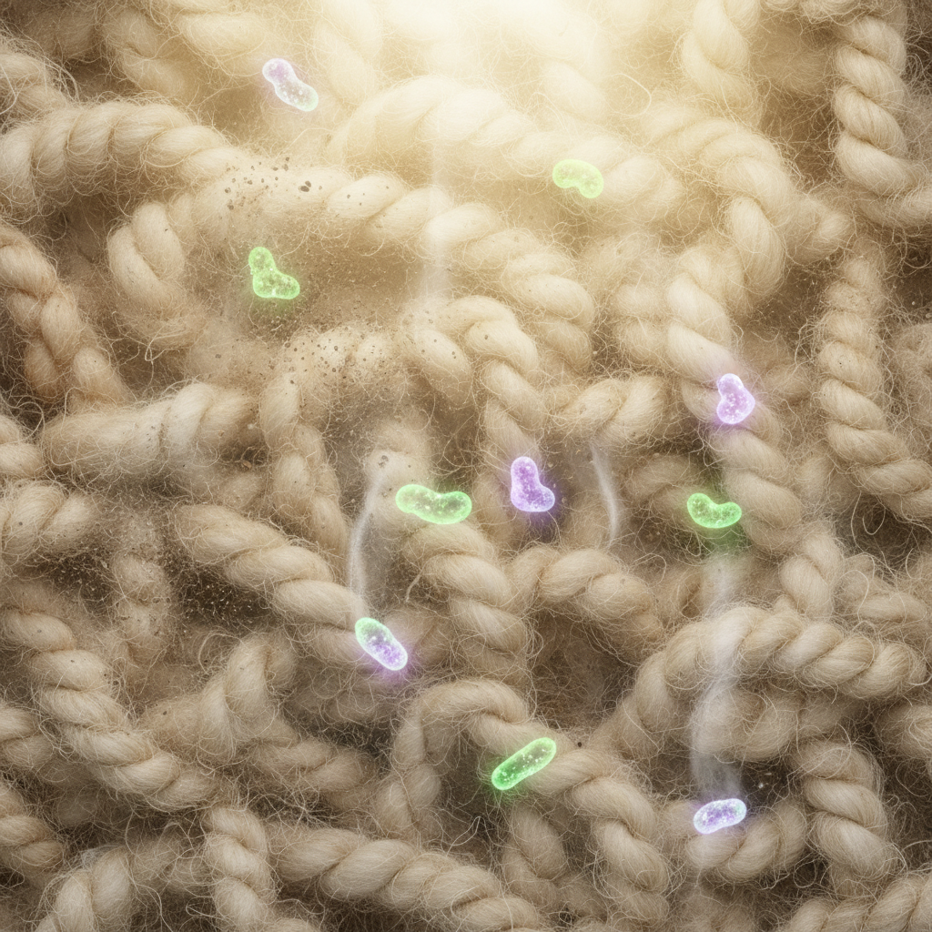 A macro-level conceptual image depicting the deep cleaning benefits of steam for a wool carpet. Visualize an intricate, close-up texture of wool fibers. Tiny, microscopic dirt particles, dust, and abstract representations of bacteria are nestled within the fibers. A soft, warm glow representing steam is shown permeating the fibers, causing these impurities to visibly detach, dissolve, and lift away, leaving behind clean, bright, and hygienic wool strands. The style should be semi-realistic, almost microscopic, with a strong focus on light, texture, and cleanliness, like a scientific illustration.