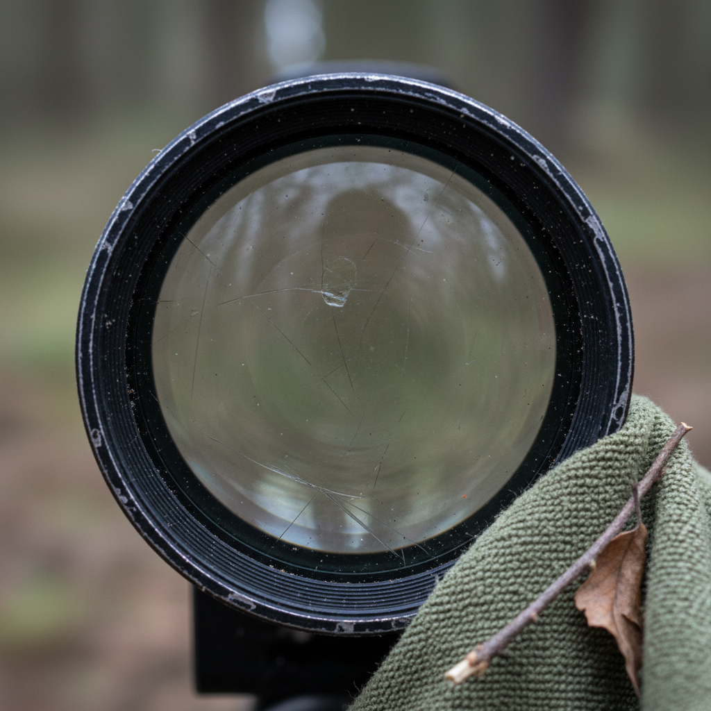 A close-up, high-magnification professional photo of a rifle scope's objective lens. The lens should exhibit visible, fine scratches across its surface, with a subtle blur or distortion effect radiating from the scratch lines to visually represent impaired optical performance. Dust particles might be scattered on the lens surface near a rough cleaning cloth or a fallen twig, subtly hinting at common causes without explicitly showing an action. The background should be softly blurred, perhaps suggesting an outdoor hunting or shooting environment. The focus is entirely on the damaged lens and its impact.