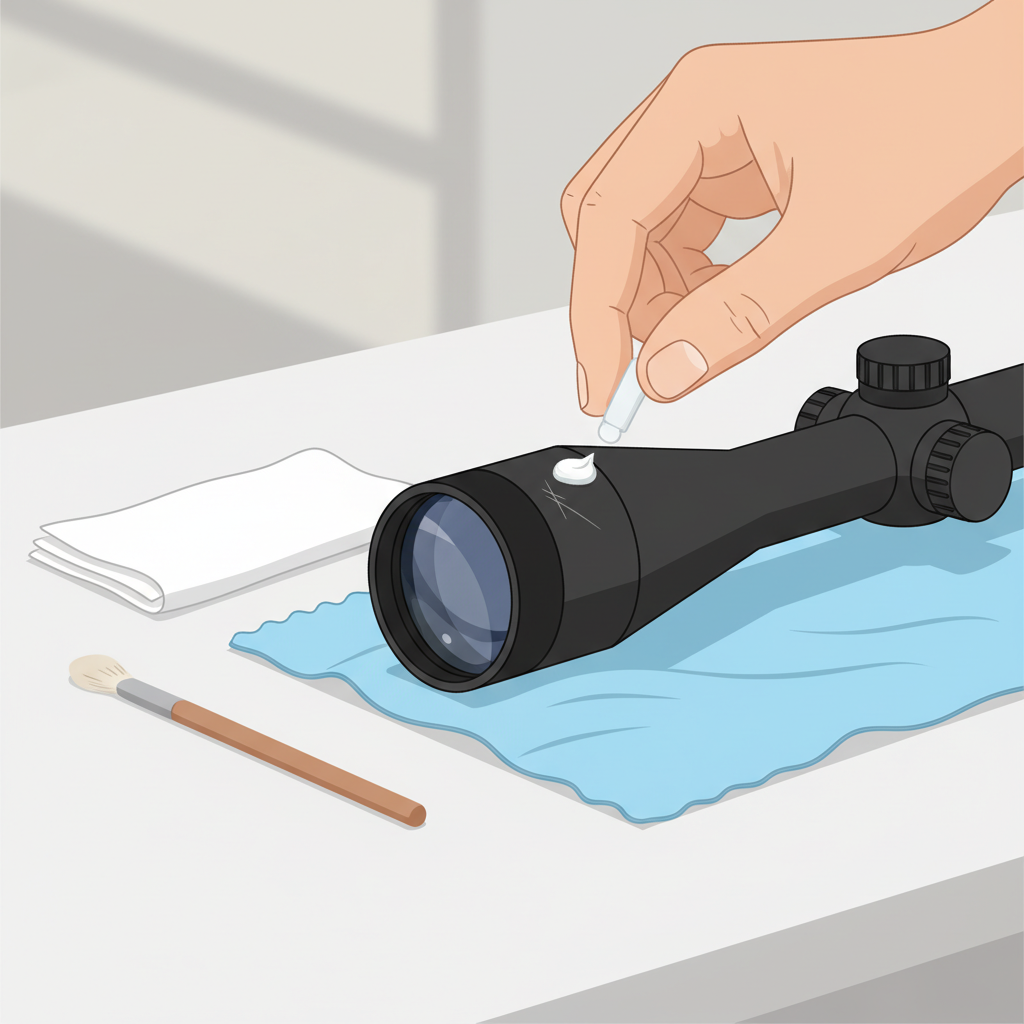A clean, flat illustration depicting a gentle hand carefully applying a tiny dab of a white, creamy substance (resembling toothpaste) onto a small, superficial scratch on the objective lens of a rifle scope. The scope should be resting on a soft, microfiber cloth on a clean, light-colored surface. The illustration should emphasize precision and delicacy. Surrounding elements could include a clean, soft cloth and a gentle lens brush, suggesting careful cleaning tools. The overall style should be modern, professional, and visually clear, highlighting the concept of careful repair.