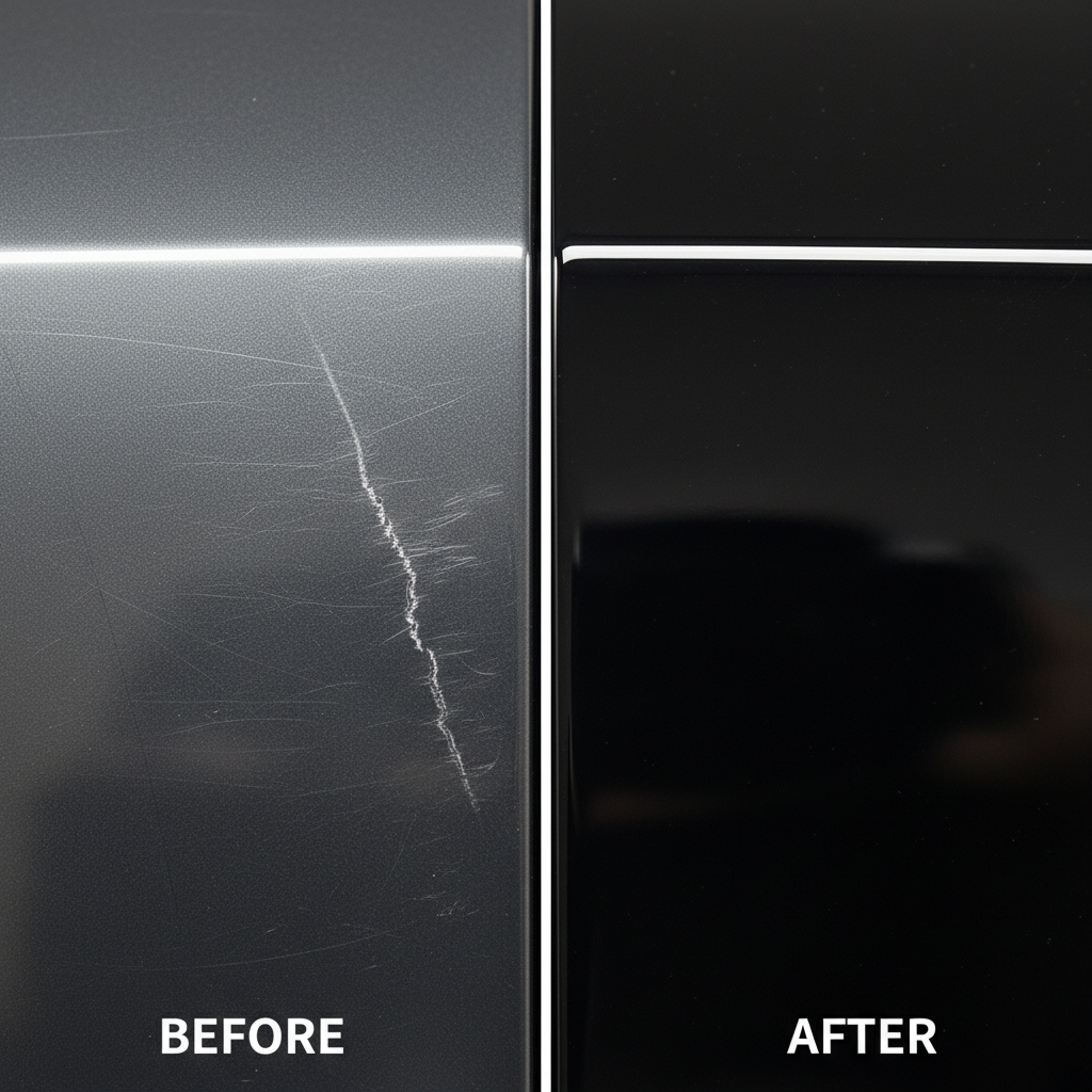 A close-up, split image or 'before and after' comparison focusing on a segment of a dark grey car's exterior plastic trim. The 'before' side prominently displays multiple fine swirl marks and one distinct, deeper scratch that catches the light. The 'after' side shows the identical trim segment, now smooth, glossy, and completely free of imperfections, reflecting ambient light beautifully. The visual should highlight the dramatic difference in surface texture and sheen. Style: Professional, high-resolution product photography with sharp focus on the plastic surface.