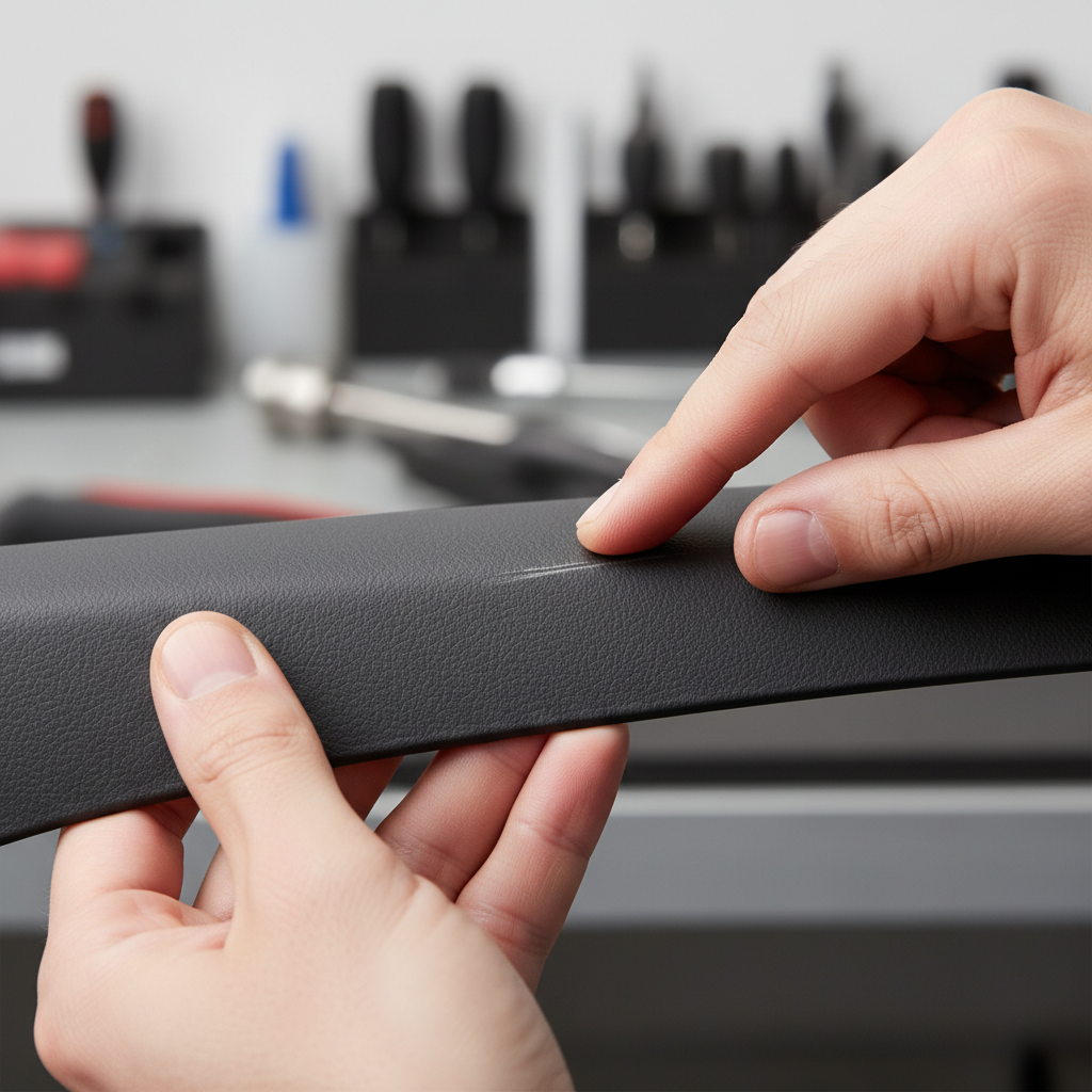 A pair of hands (gender-neutral, wearing no gloves) in a detailed close-up, carefully inspecting a section of a black or dark grey plastic car trim. One index finger gently touches a visible, shallow scratch on the trim, illustrating the 'fingernail test' for scratch depth. The lighting is bright and directional, emphasizing the texture of the plastic and the subtle scratch. The background is softly blurred, hinting at a clean, organized automotive workshop environment. Style: Realistic, high-quality stock photo with a shallow depth of field.