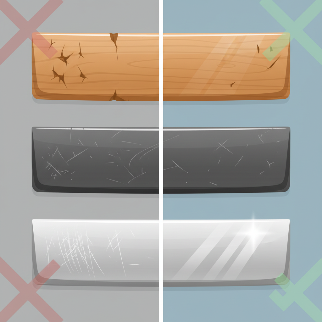 A visually appealing split-screen illustration depicting the transformation of damaged trim. On the left side, various sections of trim (wood, plastic, brushed metal) are shown with prominent, unsightly scratches, appearing dull and worn. On the right side, the exact same sections of trim appear flawless and gleaming, reflecting light beautifully, looking pristine and restored. The overall style should be a clean, modern flat illustration with a soft, inviting color palette, clearly contrasting the marred and perfectly rejuvenated surfaces, conveying a sense of easy renewal.