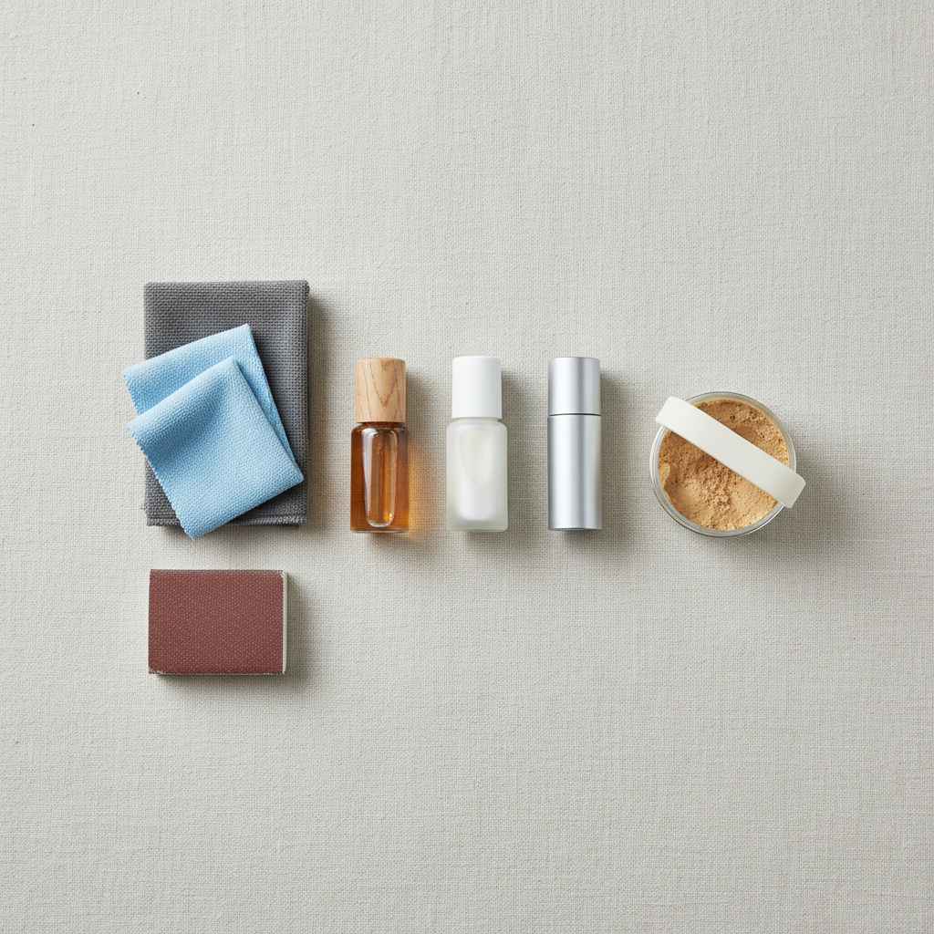 A detailed overhead flat-lay photograph showcasing an organized collection of essential tools and materials for Zierleisten scratch removal. Arranged neatly on a light, neutral background, key items include soft microfiber cloths, small tubes and bottles of various polishes (one for wood, one for plastic, one for metal, distinguishable by subtle texture hints), a small block of fine-grit sandpaper, a small container of wood filler, and a polishing applicator pad. The lighting should be bright and even, creating a professional and practical aesthetic, highlighting preparedness for a DIY task.