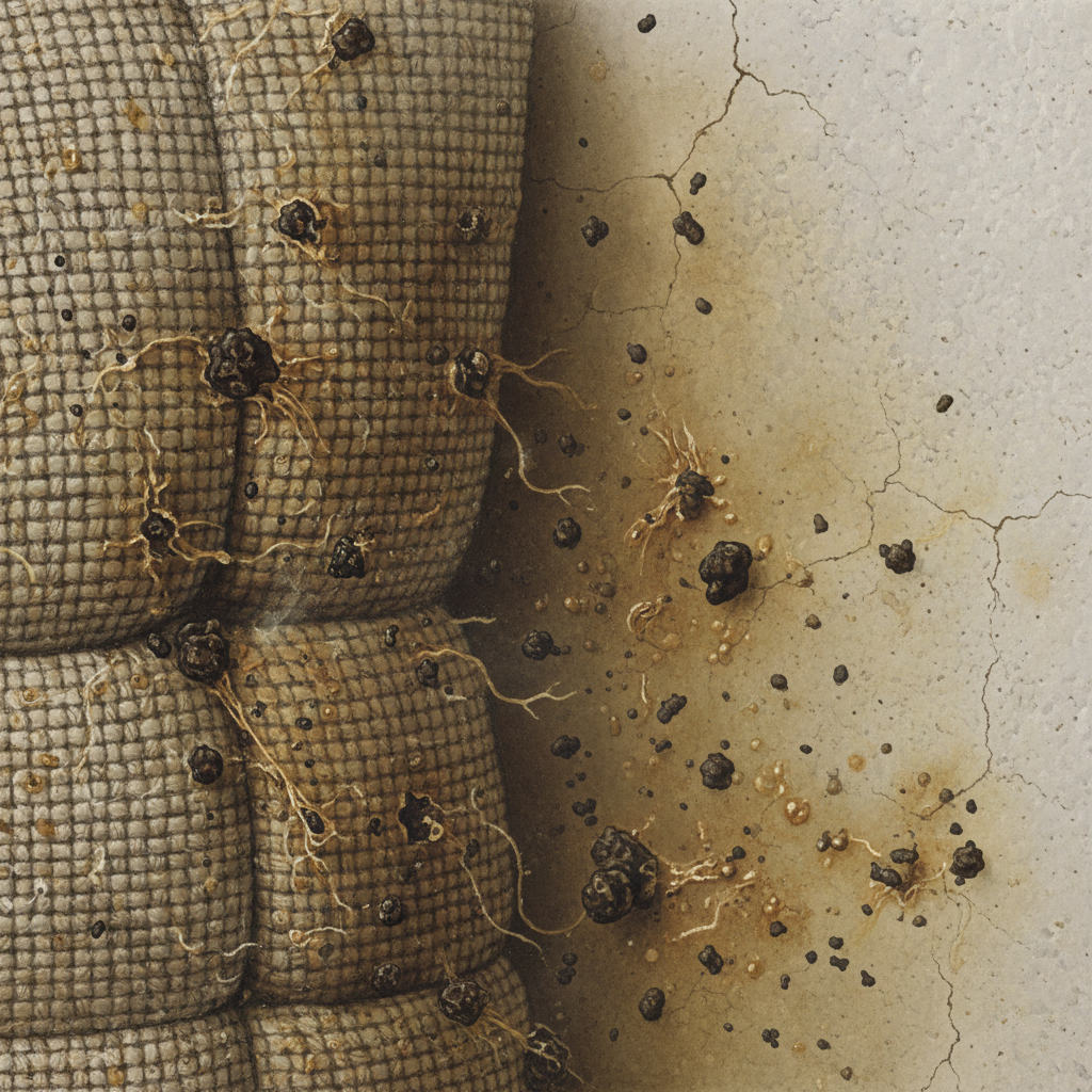 A detailed, close-up scientific illustration depicting microscopic cigarette smoke particles (small, dark, irregular shapes) actively penetrating and clinging to the porous surface of a fabric (like a couch cushion or curtain) and a wall. Show subtle yellowish residue forming on the surfaces. The overall atmosphere should convey a sense of stickiness and deep penetration, emphasizing the stubborn nature of the smoke. Use a dark, slightly muted color palette to highlight the problem.