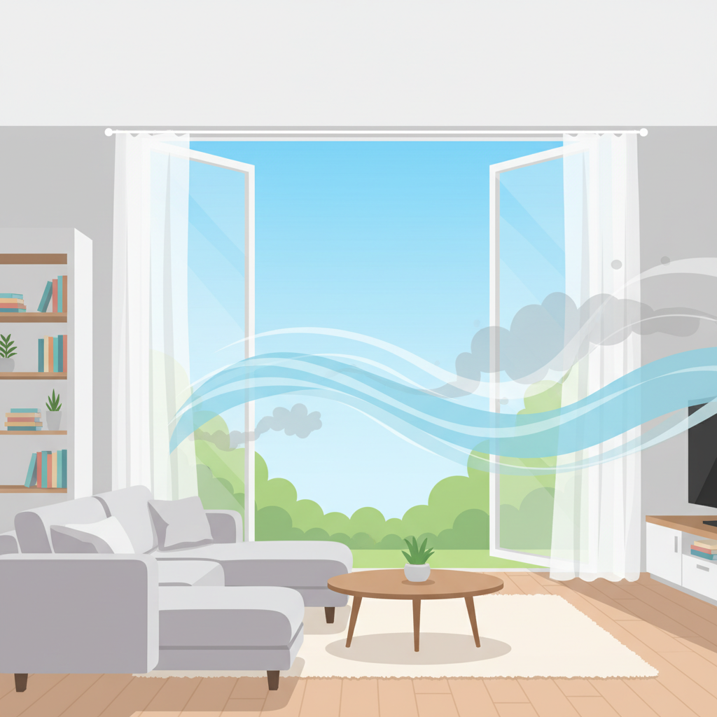 A bright and inviting flat illustration of a modern living room. Large windows are wide open, letting in a stream of fresh, stylized air currents (represented by light blue or white wavy lines) that are sweeping away faint, wispy grey smoke clouds out of the room. The curtains are gently fluttering. The room should appear clean and airy, symbolizing effective ventilation and renewal. The overall mood is fresh and optimistic.