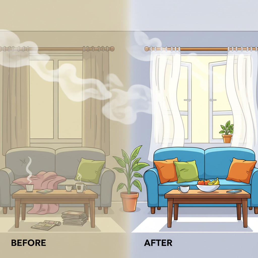 A stylized graphic illustration depicting a clear 'before and after' transformation of a living space. The 'before' side shows a room with a hazy, yellowish-grey tint, subtle smoke plumes, and a slightly cluttered, unwelcoming atmosphere. The 'after' side, visually separated by a clean line or fade, shows the same room transformed: bright, clean, fresh, with vibrant colors, open windows, and a palpable sense of renewed air quality. The contrast should be stark and positive.