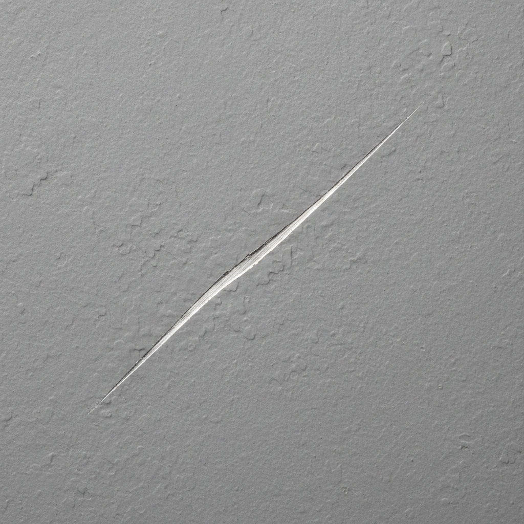 A highly detailed, professional macro photo capturing a pristine zinc sheet surface with its characteristic matte grey patina. A distinct, thin scratch runs across the surface, appearing brighter and revealing the unoxidized metal beneath the duller, textured patina. The lighting should emphasize the depth and contrast between the scratch and the surrounding material, making the imperfection clearly visible. The overall mood should be clean and informative, highlighting the visual issue discussed in the article.