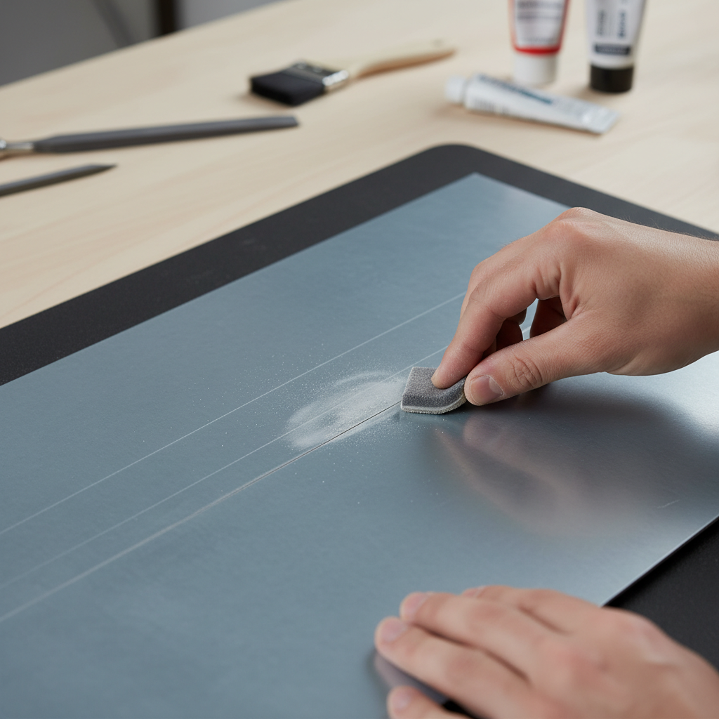 A professional, close-up photo depicting hands carefully performing a repair on a scratched zinc panel. One hand holds a small, fine-grit abrasive pad or a specialized applicator for a repair paste, gently working it across a visible scratch. The focus should be on the interaction between the tool and the zinc surface, with subtle dust or residue indicating the active repair process. The background should be a clean, minimalist workshop setting, emphasizing the practical application of scratch removal techniques.