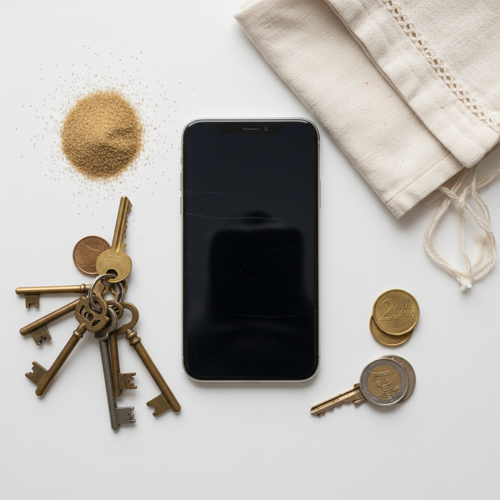 A professional overhead flat lay photo showcasing a pristine iPhone (latest model) with subtle, barely visible hairline scratches on its display. Surrounding the iPhone are various small objects commonly responsible for scratches: a handful of fine sand grains, a cluster of metallic keys, a few Euro coins, and a slightly rough-textured, non-microfiber cleaning cloth. The background is a clean, minimalist surface, emphasizing the delicate nature of the phone's screen and the pervasive threat of everyday items. The lighting is soft and even, highlighting the textures.