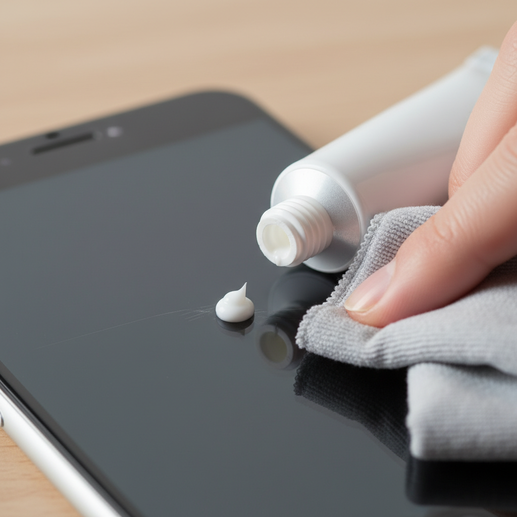 A highly detailed macro photo, professional product photography style, focusing on a specific area of an iPhone display that exhibits a faint, hairline scratch. A small, clean white tube of non-gel toothpaste is partially squeezed, showing a tiny bead of white toothpaste on the tip. Next to it, a clean, soft microfiber cloth is visible, with a tiny, delicate amount of the white toothpaste gently being applied to the scratched area of the phone screen in a careful, circular motion. The background is subtly blurred, maintaining sharp focus on the action and the materials.
