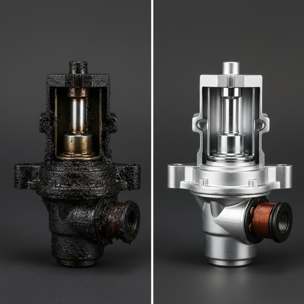 A detailed, side-by-side comparison image of two automotive EGR valves. On the left, a heavily caked, dirty EGR valve, clearly showing significant carbon and soot buildup obstructing its internal mechanisms. The surfaces should appear dull, black, and grimy. On the right, the same model of EGR valve, sparkling clean and pristine, with all metallic components visible and reflecting light, its internal valve and passageways completely clear. The style should be a professional, high-detail product photograph, emphasizing the stark visual contrast between the neglected and the perfectly maintained component.