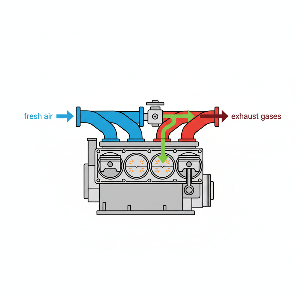 A clean, technical infographic-style illustration depicting a simplified cross-section of a modern car engine's EGR system. The illustration should clearly show the engine block, intake manifold, exhaust manifold, and the EGR valve physically connecting the two. Arrows indicate the flow: fresh air entering the intake, combustion occurring in cylinders, exhaust gases exiting through the exhaust manifold. A distinct, colored arrow pathway should show a portion of the exhaust gas being rerouted from the exhaust manifold, through the EGR valve, and back into the intake manifold. Use a clear, vector-art style with distinct color coding for different gas flows.