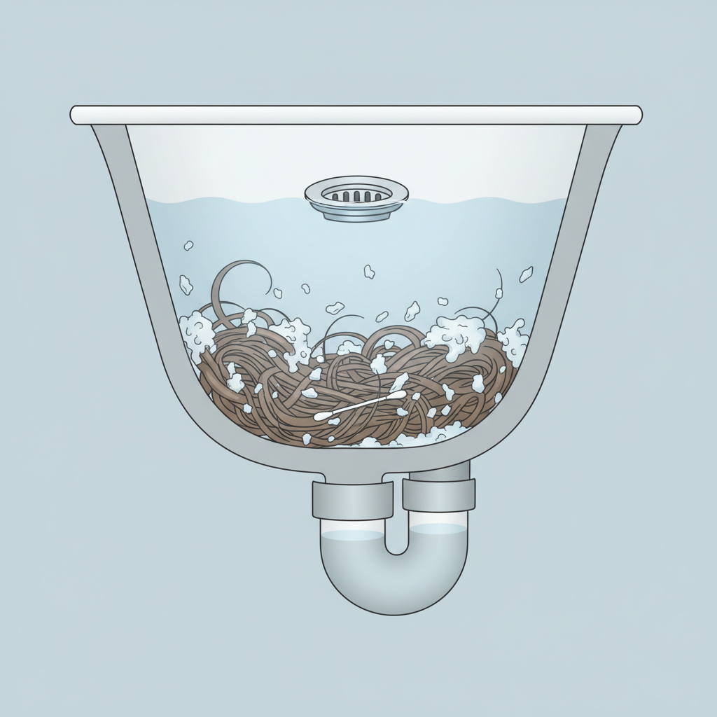 A detailed, clean cross-section diagram of a bathtub drain and the immediate pipe/siphon section. Show a clear accumulation of common clog culprits within the pipe: a tangled mass of long hair intertwined with solidified white soap residue, small grayish flakes representing skin cells, and a tiny, almost invisible foreign object like a piece of a cotton swab stick. The water above the clog is pooling slightly, indicating blockage. The style should be a crisp, educational diagrammatic illustration with a modern, clear aesthetic, using soft, muted colors for the pipe and materials.