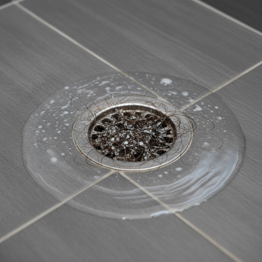 A close-up, slightly overhead view of a modern shower drain in a clean, tiled shower. The drain is visibly clogged, with water slowly pooling around it. Strands of dark hair, tangled with white soap scum and tiny grey flakes, are clearly visible at the drain's opening, obstructing the flow. A subtle ripple effect on the water's surface suggests stagnant water, hinting at slow drainage. The overall feeling should evoke the common frustration of a blockage. Use a high-definition, professional photo style with a shallow depth of field to focus sharply on the clogged drain.
