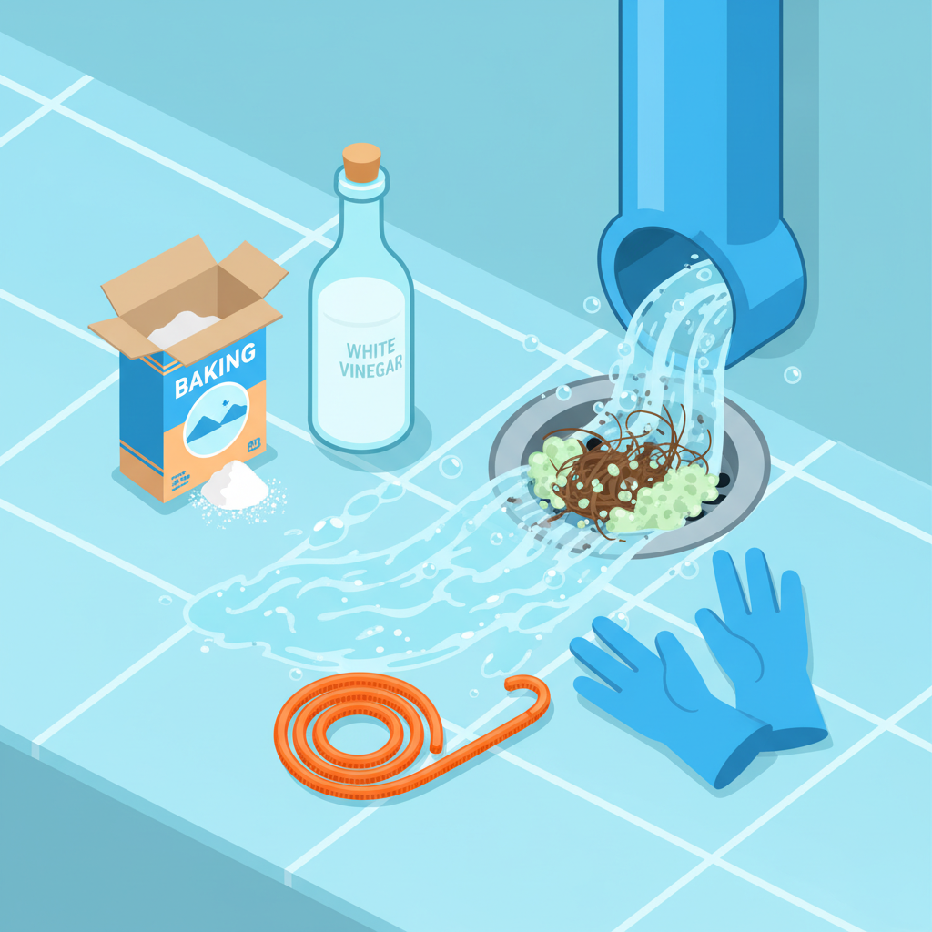 A vibrant and clean flat illustration depicting the concept of effective shower drain cleaning. The image features a stylized cross-section of a shower drain pipe where accumulated hair and soap scum are actively being flushed away by swirling streams of water. Around the drain, various household cleaning items such as an open box of baking soda, a bottle of white vinegar, and a simple drain snake tool are neatly arranged, suggesting readily available solutions. The aesthetic should be bright, optimistic, and convey ease of maintenance.