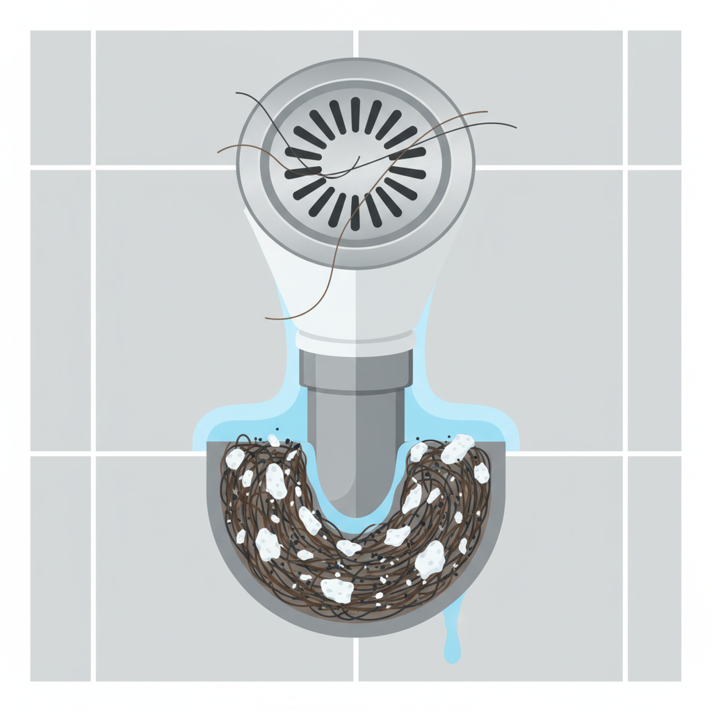 A detailed cross-section diagram of a typical shower drain and the 'U'-shaped siphon pipe beneath it. Inside the pipe, a visible clump of tangled long hairs, solidified soap scum, and small dark debris forms a significant blockage, impeding the flow of light blue water attempting to pass through. The shower drain grate above shows a few strands of hair caught. The background is a clean, bright bathroom floor, suggesting the context without being overly cluttered. Use a modern flat illustration style with subtle textures and clear visual separation of elements, focusing on the obstruction.