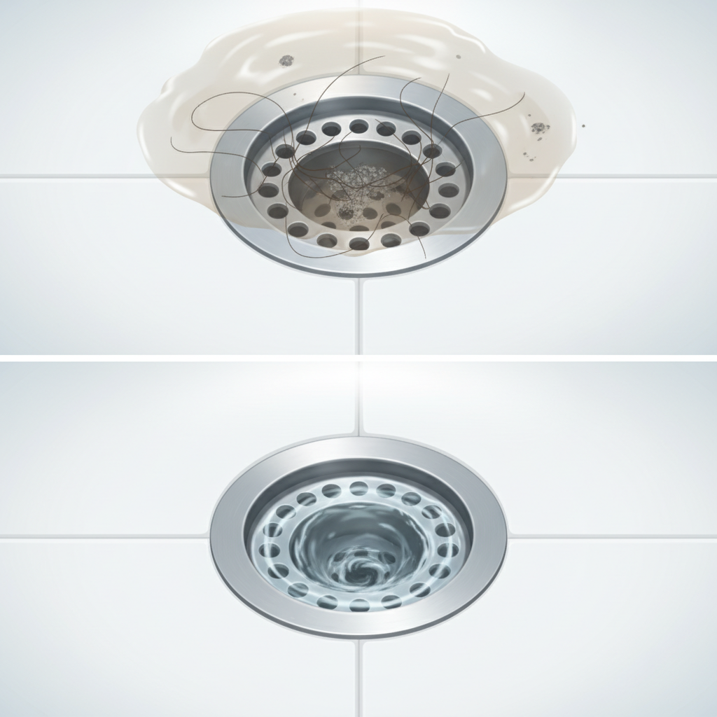 A professional, clean photo illustration depicting a shower drain. The image is split horizontally. The top half shows water pooling and barely draining around the drain grate, with a few visible hairs and a subtle murky texture indicating a clog. The bottom half shows the same shower drain, but water is swirling rapidly down the drain, perfectly clear and flowing freely, creating a sense of cleanliness and efficient drainage. The overall aesthetic is bright and modern, emphasizing the clear contrast between a clogged and a clean drain. Soft, natural lighting enhances the visual impact.