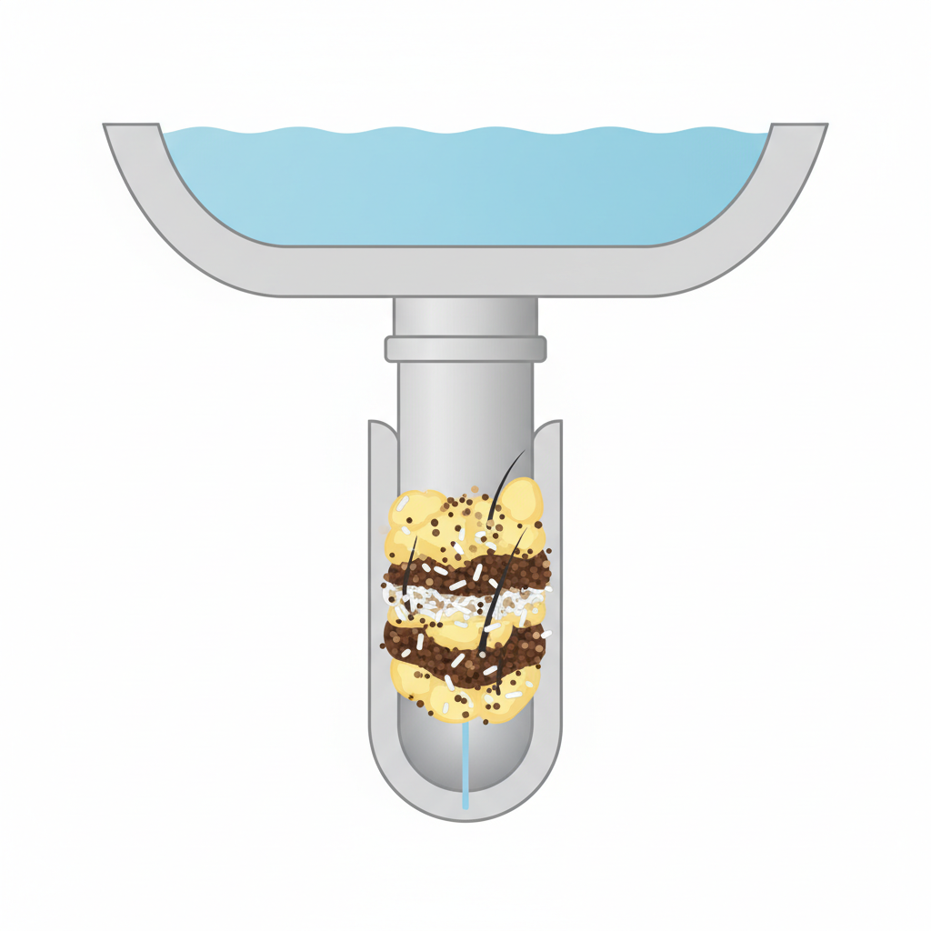 An infographic-style cross-section diagram of a kitchen sink drain pipe. The pipe, rendered in clean, light grey, is partially blocked by a sticky, multi-layered accumulation of various elements. Visible within the clog are solidified yellow fat globules, small brown coffee grounds, small white food particles (like rice grains), and a few dark strands resembling hair. Water is depicted as pooling above the blockage within the sink basin, with a tiny trickle struggling to pass through the obstructed pipe section, illustrating the reduced flow. The overall aesthetic is clean, educational, and uses a soft color palette.