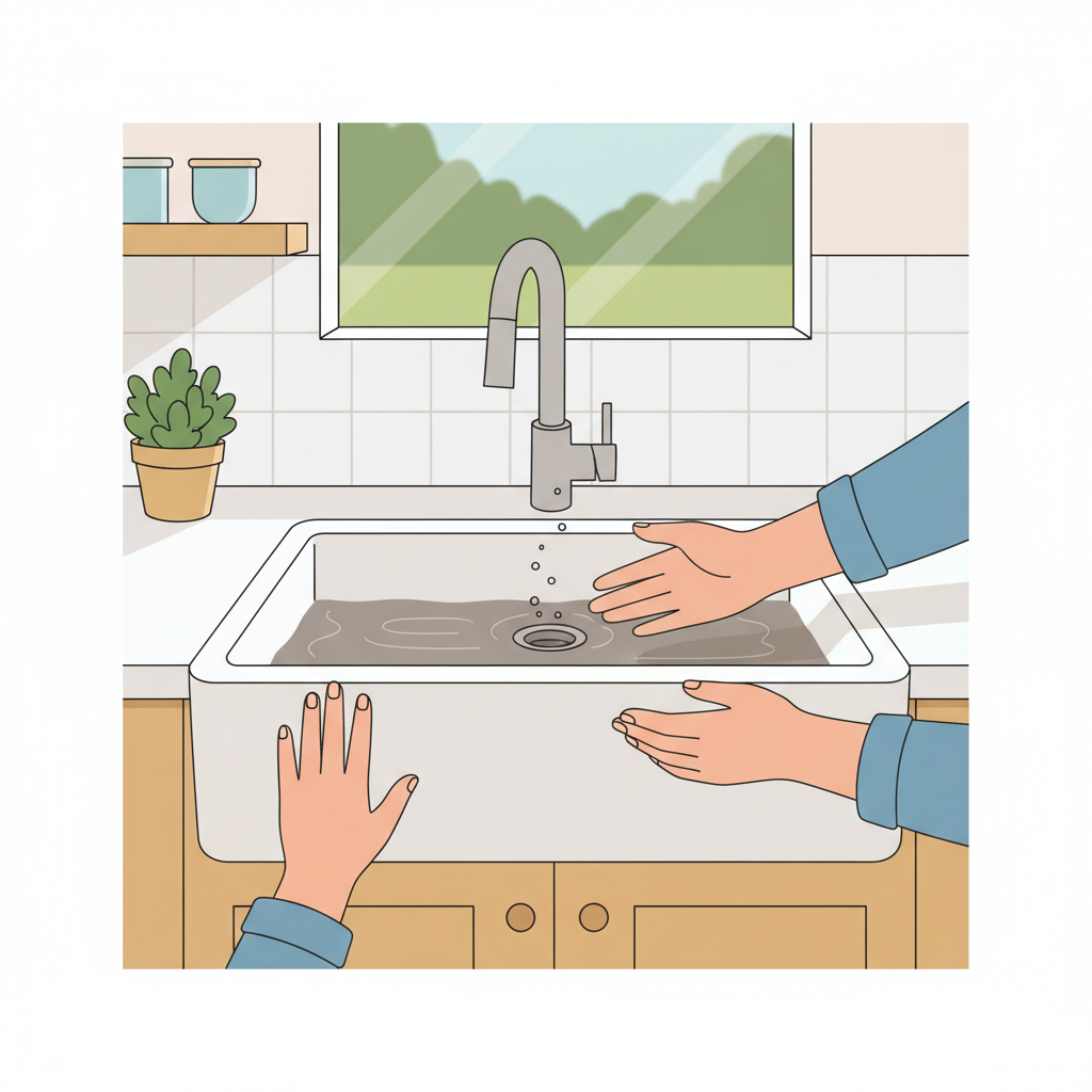 A modern, flat illustration depicting a common kitchen scene. A clean, light-colored kitchen sink is central, filled with murky, standing water, clearly indicating a blockage. Small bubbles subtly rise from the drain opening. In the foreground, a pair of hands with rolled-up sleeves are positioned near the sink, one hand perhaps gently touching the edge of the basin, conveying a sense of readiness to tackle the problem, but without any specific tool. The background shows a minimalist kitchen environment, reinforcing the home setting. The color palette is bright and friendly, suggesting a solvable issue.