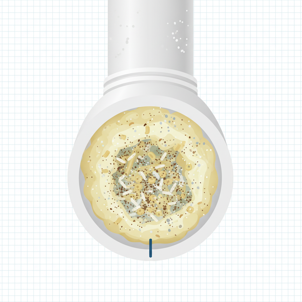 A detailed, professional infographic illustration showing a cutaway view of a clogged kitchen drainpipe. The internal walls of the pipe are coated with thick, yellowish-white solidified fat and grease. Various small food particles, such as coffee grounds, rice grains, and pasta-like bits, are visibly embedded within the fatty layer and accumulating further down the pipe, creating a dense blockage. Specks of gray soap scum and white limescale cling to the surfaces, contributing to the rough texture. The blockage significantly narrows the pipe's internal diameter, clearly impeding water flow, conveying the main culprits of a kitchen drain clog.